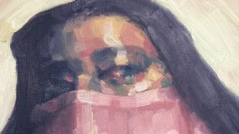 a painting of a woman covering part of her face with a pink scarf