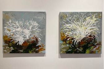 Two canvases featuring Bianca Currey's artworks