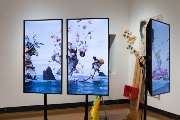 Cleo Ding, 'The Eight Immortals (八仙)' 2025. Digital 3D render, 20 minute loop with sound; 3 vertical screens.  