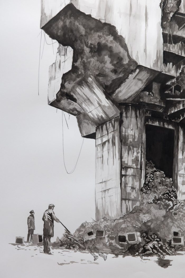 Anna Alexanderova, ‘The State of Ruin’ (2025). Sumi ink and fine liner pen on watercolour paper, 150cm x 130cm. Photograph: Anna Kucera.