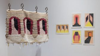 Mia Hayward, ‘Within those two lines, there is a threshold’ (2025). Bed sheets, ceramic, cotton thread, coloured pencil on paper, 179.4cm x 84cm. Photograph: Anna Kucera.