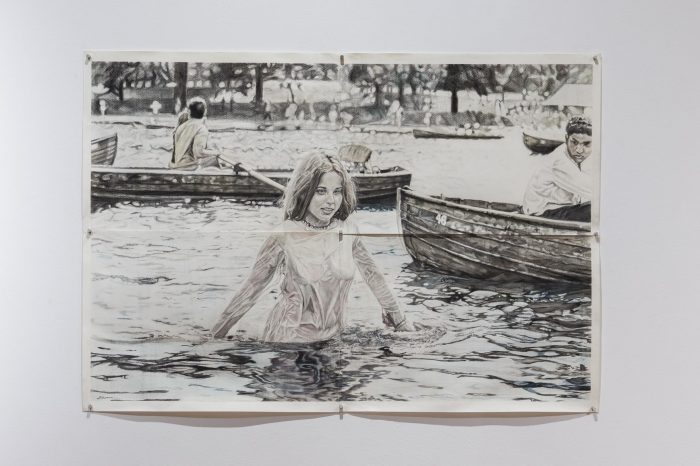 Payal Khanna, ‘Hippie Girl’ (2025). Graphite and soft pastel on sanded (vertically) cotton paper; 4 panels, A2 each, arranged 2×2 grid, 118.9cm × 84.1cm. Photograph: Anna Kucera.