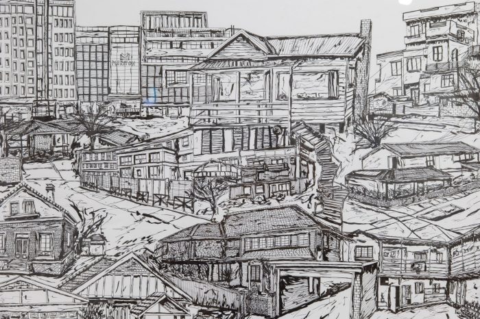 Ava McClure, ‘Twenty-four homes’ (2025). Ink pen on paper, 63.5cm x 172.2cm. Photograph: Anna Kucera.