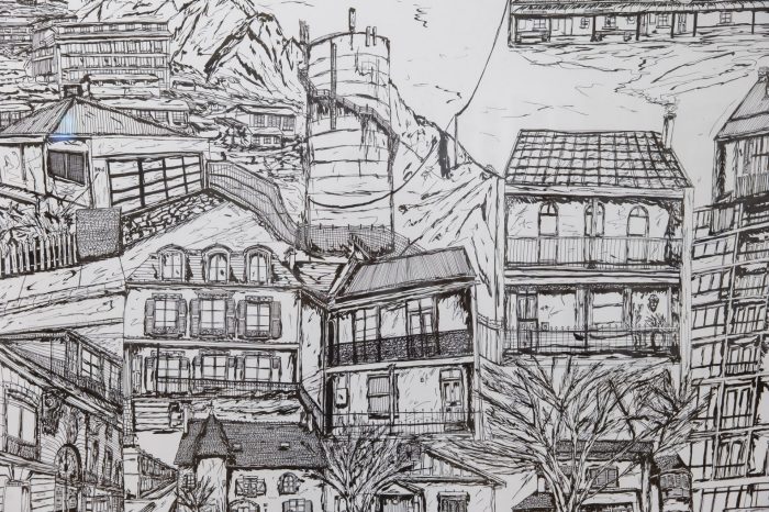 Ava McClure, ‘Twenty-four homes’ (2025). Ink pen on paper, 63.5cm x 172.2cm. Photograph: Anna Kucera.