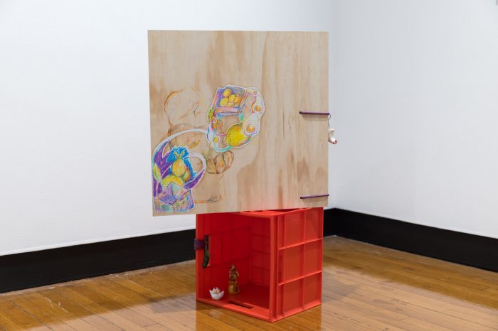 Mei Lin Meyers, ‘Rhizome’ (2025). Pencil on lined paper and cardstock, PVA glue, wood, printed photos, plastic containers, and objects. Photograph: Anna Kucera.