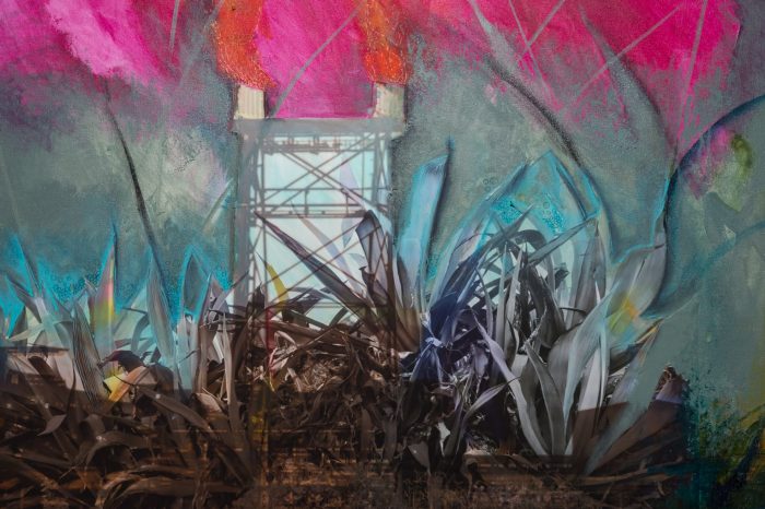 Aarhon Silver, Excerpt from: ‘Feeling Anxious, There That's Better’ (2025). Acrylic on stretched canvas, ink, digital print on canvas assemblage, 178cm x 192cm. Photograph: Anna Kucera. 