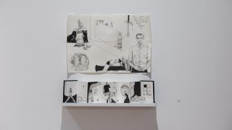 Riley Stafford, ‘Black Pillars/Nijinsky, Convexity/Concavity’ (2025). Ink and texta on paper, 56cm x 39cm, 72cm x 14cm. Photograph: Anna Kucera.