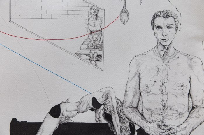 Riley Stafford, ‘Black Pillars/Nijinsky, Convexity/Concavity’ (2025). Ink and texta on paper, 56cm x 39cm, 72cm x 14cm. Photograph: Anna Kucera.