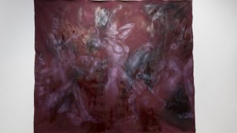 Skye Wallace, ‘Self-Encounters’ (2025). Oil, pencil and burgundy primer on unstretched canvas, 210cm x 250cm. Photograph: Anna Kucera.