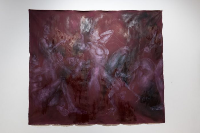 Skye Wallace, ‘Self-Encounters’ (2025). Oil, pencil and burgundy primer on unstretched canvas, 210cm x 250cm. Photograph: Anna Kucera.