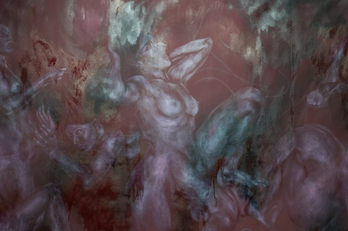 Skye Wallace, ‘Self-Encounters’ (2025). Oil, pencil and burgundy primer on unstretched canvas, 210cm x 250cm. Photograph: Anna Kucera.