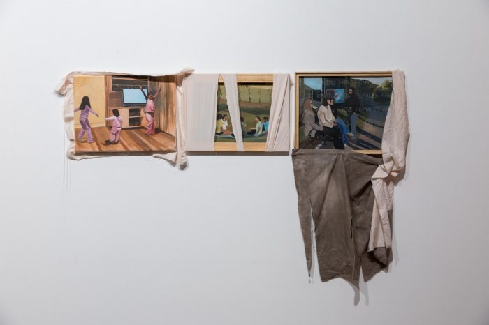 Alessia Marrocco, ‘You know how females are’ 2026. Acrylic and thread on stretched bed sheets; 3 paintings: 31cm x 41cm each.
