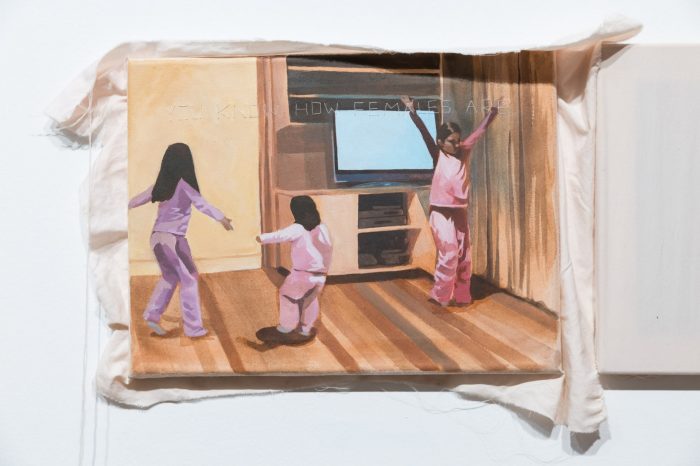 Alessia Marrocco, ‘You know how females are’ 2026. Acrylic and thread on stretched bed sheets; 3 paintings: 31cm x 41cm each.
