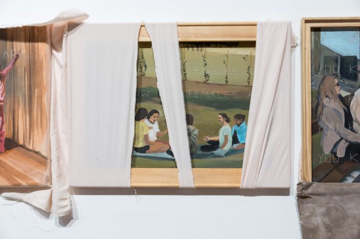 Alessia Marrocco, ‘You know how females are’ 2026. Acrylic and thread on stretched bed sheets; 3 paintings: 31cm x 41cm each.