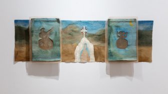 Alison Campion, ‘Memory Portals’ 2026. Acrylic on unprimed and unstretched linen canvas, 3 pieces - 1 large canvas and 2 smaller canvases overlayed onto the larger piece. Overall dimensions: 201cm x 74cm. 