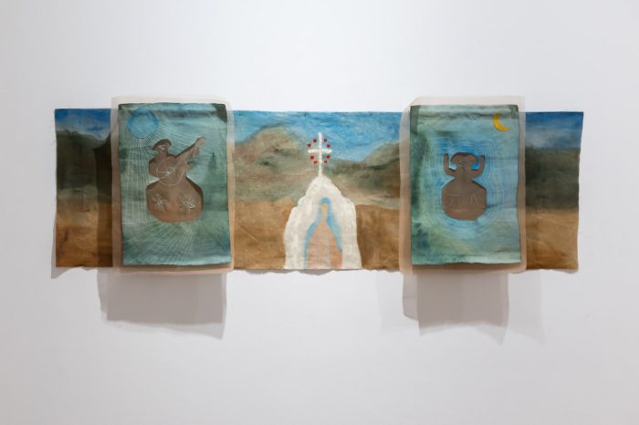 Alison Campion, ‘Memory Portals’ 2026. Acrylic on unprimed and unstretched linen canvas, 3 pieces - 1 large canvas and 2 smaller canvases overlayed onto the larger piece. Overall dimensions: 201cm x 74cm. 