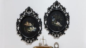 Chel King, ‘Feather & Fang’ 2026. Oil on wood in antique frame; 2 frames: 60cm x 45cm. Set of antique brass scales: 8cm x 8cm Plinth Display: 20cm tall x roughly 35cm wide.