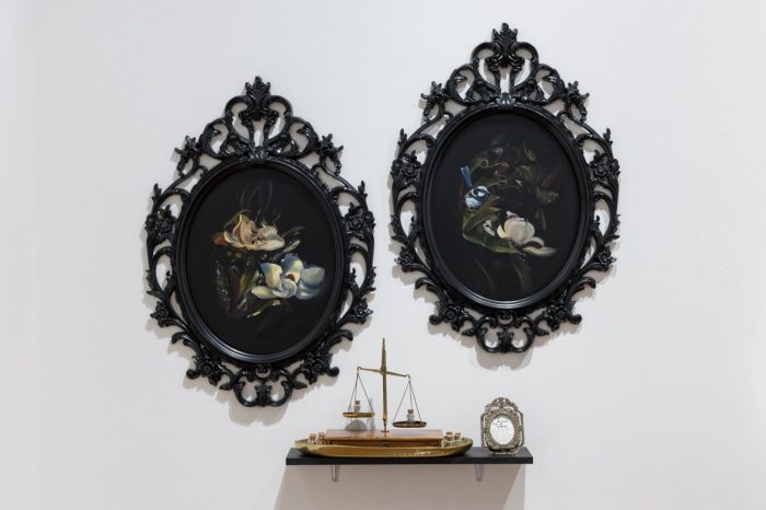 Chel King, ‘Feather & Fang’ 2026. Oil on wood in antique frame; 2 frames: 60cm x 45cm. Set of antique brass scales: 8cm x 8cm Plinth Display: 20cm tall x roughly 35cm wide.