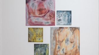 Diya Rao, ‘Open Wounds’ 2026. Oil on industrial steel and steel screws; 5 panels: 61cm x 60cm and 31cm x 30cm.