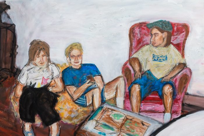 Elijah Kinnavong, ‘Where we go’ 2026. Oil sticks, acrylic pen and paint on stretched canvas: 91cm x 122cm, 120cm x 90cm, 90cm x 120cm. 