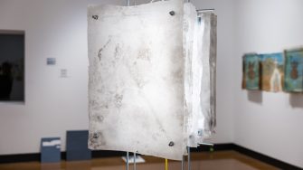 Eric Kang, ‘Container, Dissipator’ 2026. Meok on hanji, acrylic medium, steel threaded rods and brackets, LED lights. 