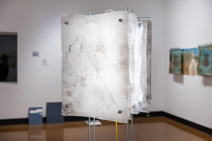 Eric Kang, ‘Container, Dissipator’ 2026. Meok on hanji, acrylic medium, steel threaded rods and brackets, LED lights. 