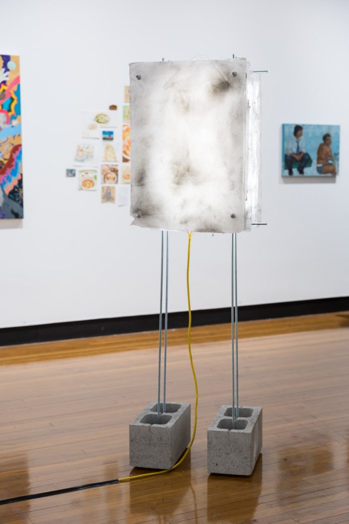 Eric Kang, ‘Container, Dissipator’ 2026. Meok on hanji, acrylic medium, steel threaded rods and brackets, LED lights. 