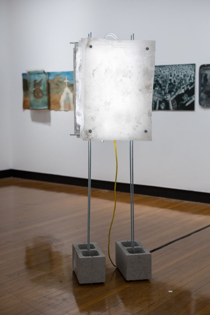 Eric Kang, ‘Container, Dissipator’ 2026. Meok on hanji, acrylic medium, steel threaded rods and brackets, LED lights. 