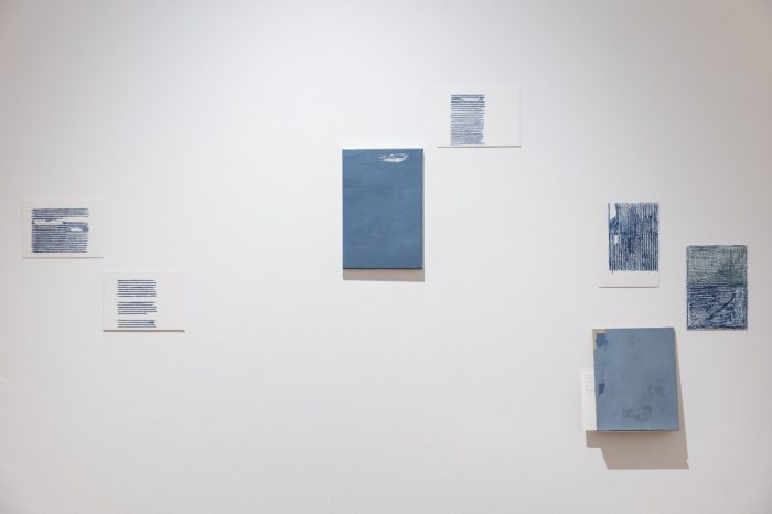 Gemma Anderson, ‘Yellow is a happy colour’ 2026. Steps, thoughts, words. Oil on plywood, canvas and linen board. Text and pencil on watercolour paper. Dimensions variable.