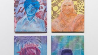 Harman Virk, ‘Toku Tupuna (My Ancestors)’ 2025. Acrylic on stretched pareu (sarong); 4 paintings: 40.6cm x 50.8cm each.