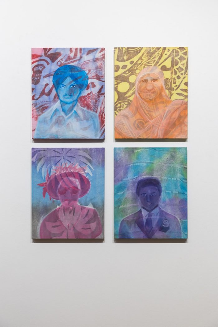 Harman Virk, ‘Toku Tupuna (My Ancestors)’ 2025. Acrylic on stretched pareu (sarong); 4 paintings: 40.6cm x 50.8cm each.