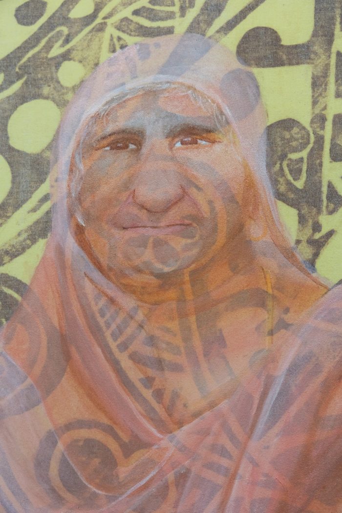 Harman Virk, ‘Toku Tupuna (My Ancestors)’ 2025. Acrylic on stretched pareu (sarong); 4 paintings: 40.6cm x 50.8cm each.