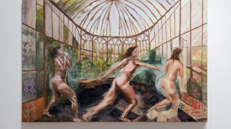 Isiri Hughes, ‘She is paper in the window panes’ 2026. Oil and airbrush on canvas, 183cm x 122cm. 