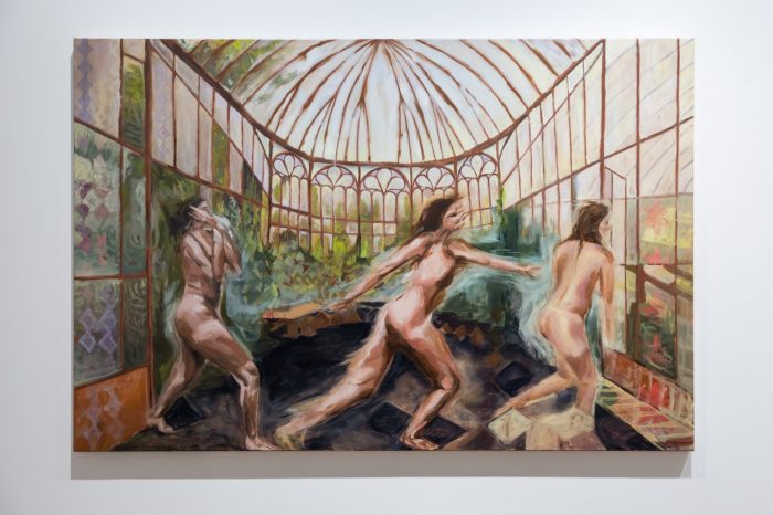 Isiri Hughes, ‘She is paper in the window panes’ 2026. Oil and airbrush on canvas, 183cm x 122cm. 