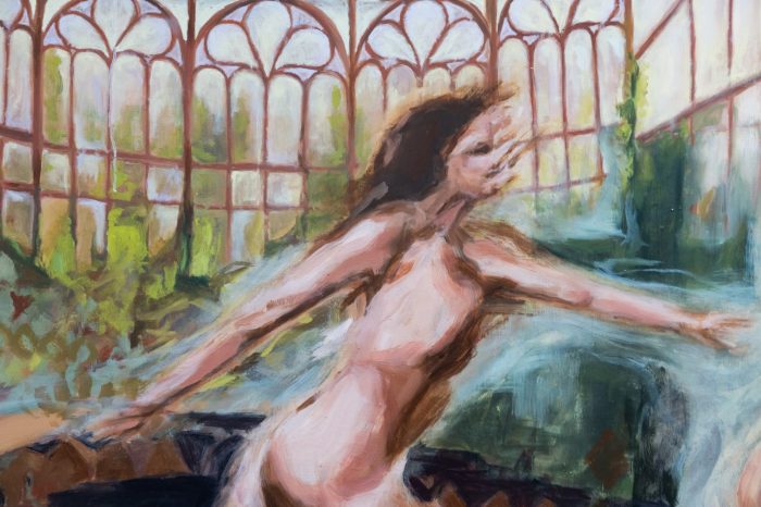 Isiri Hughes, ‘She is paper in the window panes’ 2026. Oil and airbrush on canvas, 183cm x 122cm. 