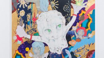 Khan Kwok (Sihan Guo), ‘Absolve Our Sins’ 2026. Acrylic, iwa-enogu, gel and mixed media on stretched canvas, 90cm x 120cm. 