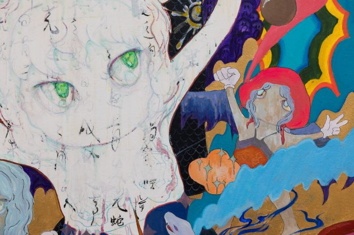 Khan Kwok (Sihan Guo), ‘Absolve Our Sins’ 2026. Acrylic, iwa-enogu, gel and mixed media on stretched canvas, 90cm x 120cm. 