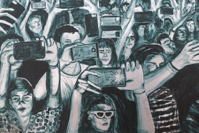Laura O'Keefe, ‘Metropolis and Crowdsourcing’ 2026. ‘Metropolis’: Oil on wood, Perspex, 80cm x 54cm. ‘Crowdsourcing’: Acrylic on aluminium, 90cm x 60cm. 