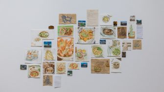 Mila Piccardi, ‘My Second Home Is In My Stomach’ 2026. Watercolour on watercolour paper, brown lunch paper, notepad paper, biro, ink and kitchen magnets. 1m x 1m approximately.