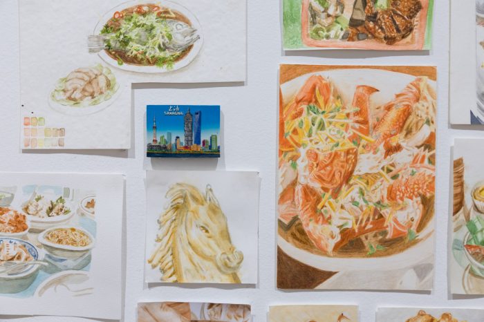 Mila Piccardi, ‘My Second Home Is In My Stomach’ 2026. Watercolour on watercolour paper, brown lunch paper, notepad paper, biro, ink and kitchen magnets. 1m x 1m approximately.