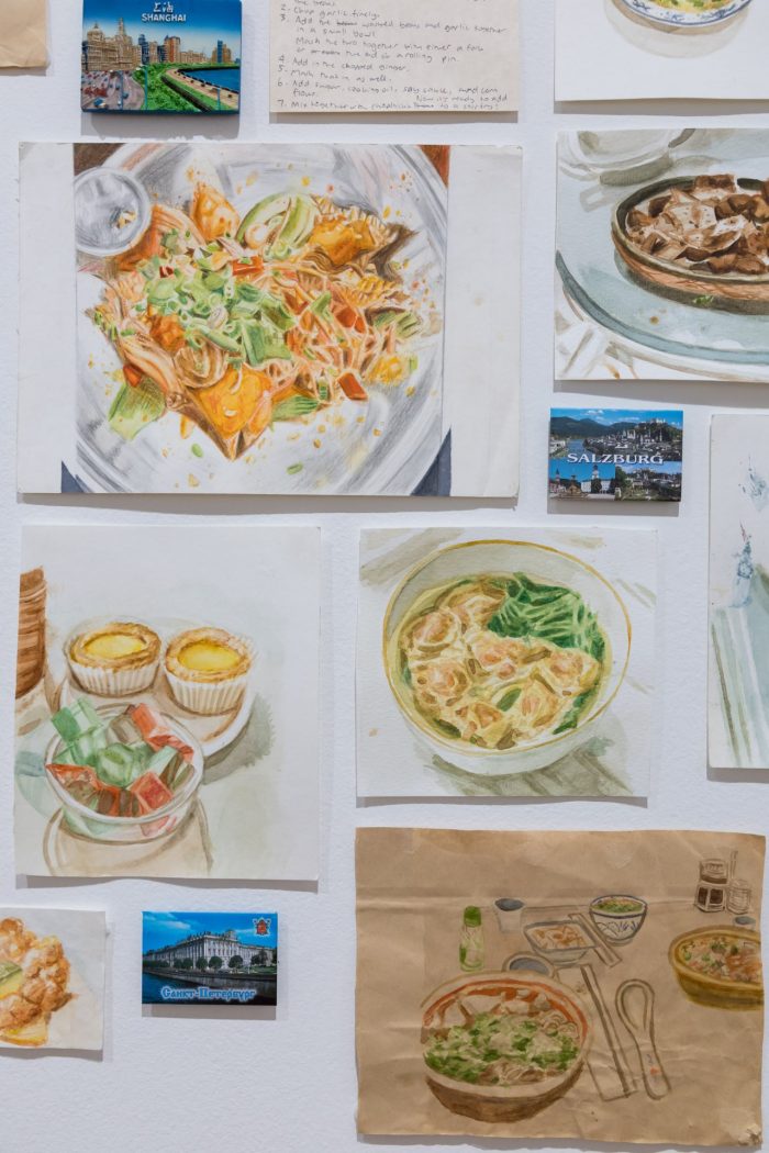 Mila Piccardi, ‘My Second Home Is In My Stomach’ 2026. Watercolour on watercolour paper, brown lunch paper, notepad paper, biro, ink and kitchen magnets. 1m x 1m approximately.