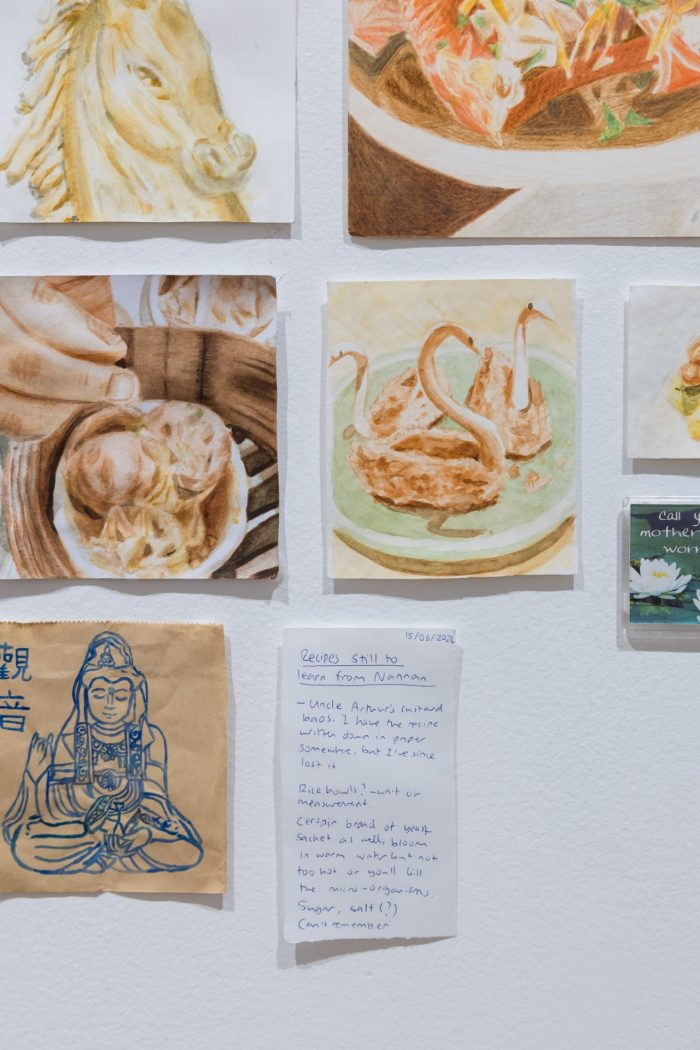 Mila Piccardi, ‘My Second Home Is In My Stomach’ 2026. Watercolour on watercolour paper, brown lunch paper, notepad paper, biro, ink and kitchen magnets. 1m x 1m approximately.