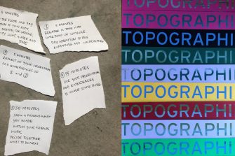 A graphic of five pieces of irregularly shaped paper with writing on them. Beside this is the word 'Topographies' repeated nine times.