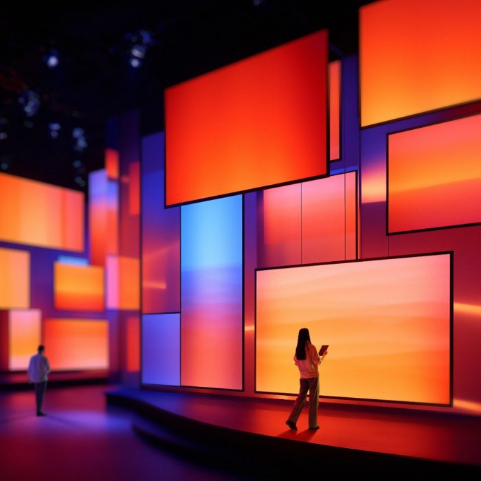 Modern poster with people exploring colorful digital screen installation. Concept of media technology, content creation, digital marketing, exhibition experience, and advertising presentation.