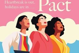 The cover of Anita Heiss's novel "The Paradise Pact". It shows three illustrated women in bright garb, of different skin tones and races, looking up at the sky.