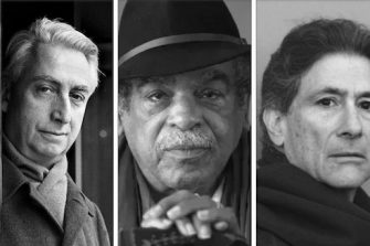 Side by side, greyscale photographs of three literary theorists: Roland Barthes, Edouard Glissant, and Edward Said.