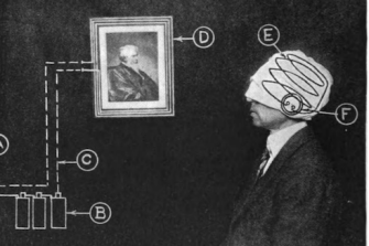 A promotional image for the talk. It is an abstract image in greyscale, showing a faux graph linking the portrait of an elderly man and a live man whose head is swaddled in bandages.