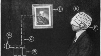 An abstract artwork in greyscale. It shows a chart mapping the transition from a framed photograph of an elderly man being carried into the brain of another man, whose head is swaddled in bandages.