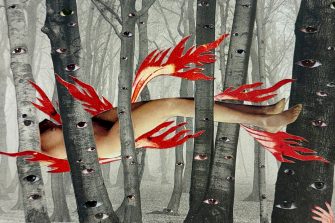 A collaged artwork by Deborah Kelly, showing trees covered in eyes - a woman's body is supine, suspended between the trees, her head hidden - flames surround her.
