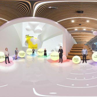A virtual foyer with Built Environment academics standing near signs labelling their area of expertise